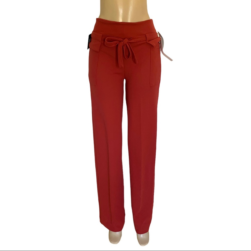 NWT BBJ Los Angeles Wide Leg High Rise Long Tie Belt Pocket Stretch Red Pants
